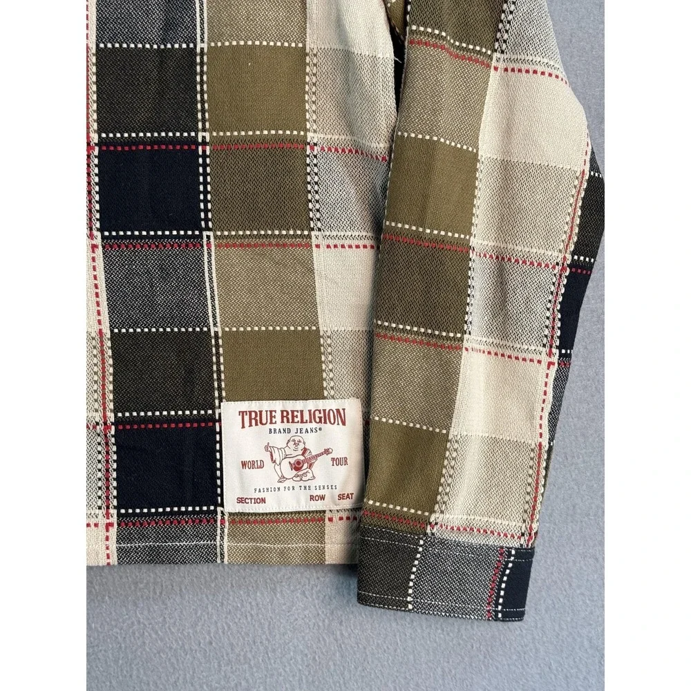 True Religion Shirt Mens Medium Plaid Western Pearl Snap Button Up Casual
